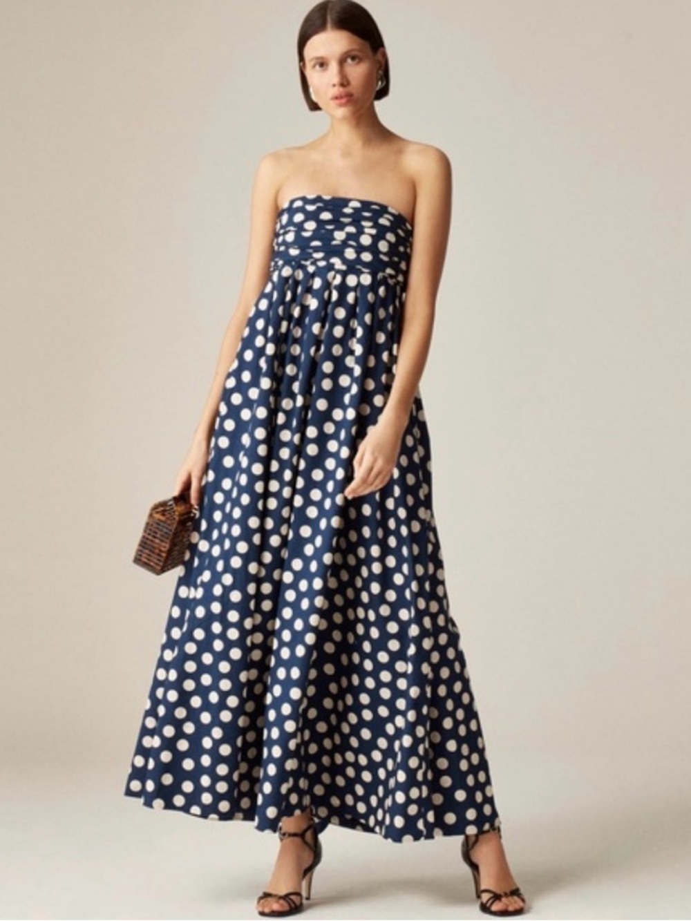 J. Crew Navy Blue and White Polka Dot Strapless Maxi Dress